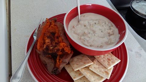 Homemade* clam chowder with a sweet potato slathered in butter and cinnamon.