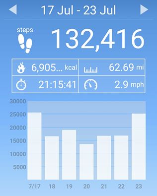 Technically, my weekly goal is 125,000 steps (15,000 on weekdays, 25,000 on Saturday and Sunday). I managed to exceed that last week.